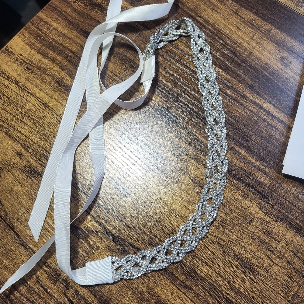 Rhinestone Braided Tie-Back Bridal Belt - Silver